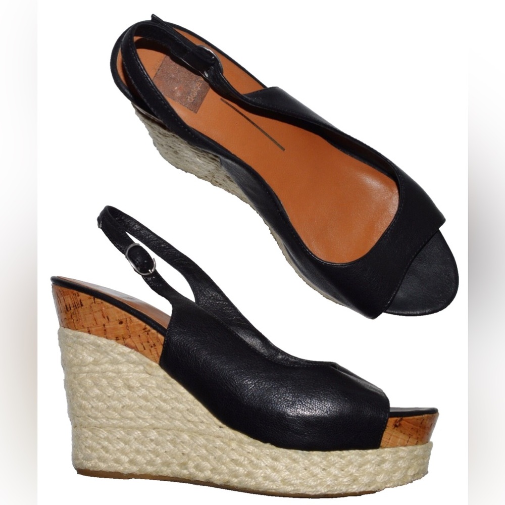 Black Leather Espadrille Wedge Slingback Sandals